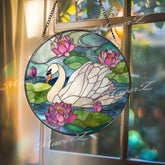Swan and Lotus Stained Glass Suncatcher: Elegant Window Decor